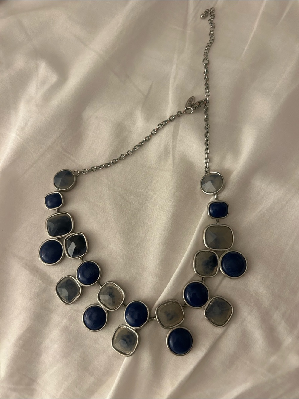 Silver-Tone Statement Necklace with Navy and Gray Stones